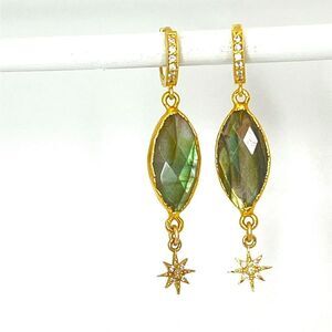 New genuine gemstone labradorite womens earrings with star charm on huggie hoops